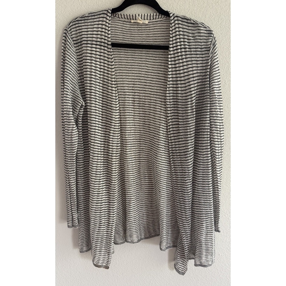 Women's Eileen Fisher Open Front Linen Mesh Knit Top Size S Black Gray Striped